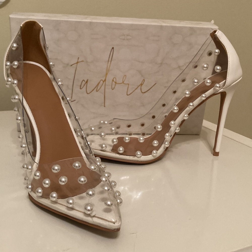 Pearl Studded Clear Pumps Pointed Toe Heels - Size 8